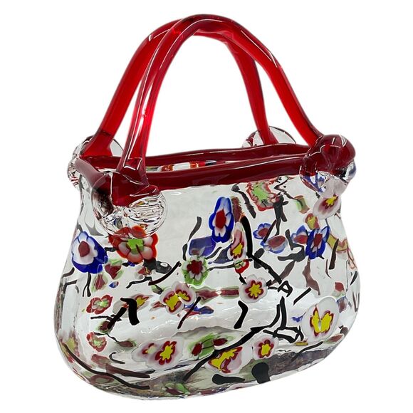 Murano Style Millefiori Red Art Glass Clutch Bag Purse Vase - Picture 1 of 6